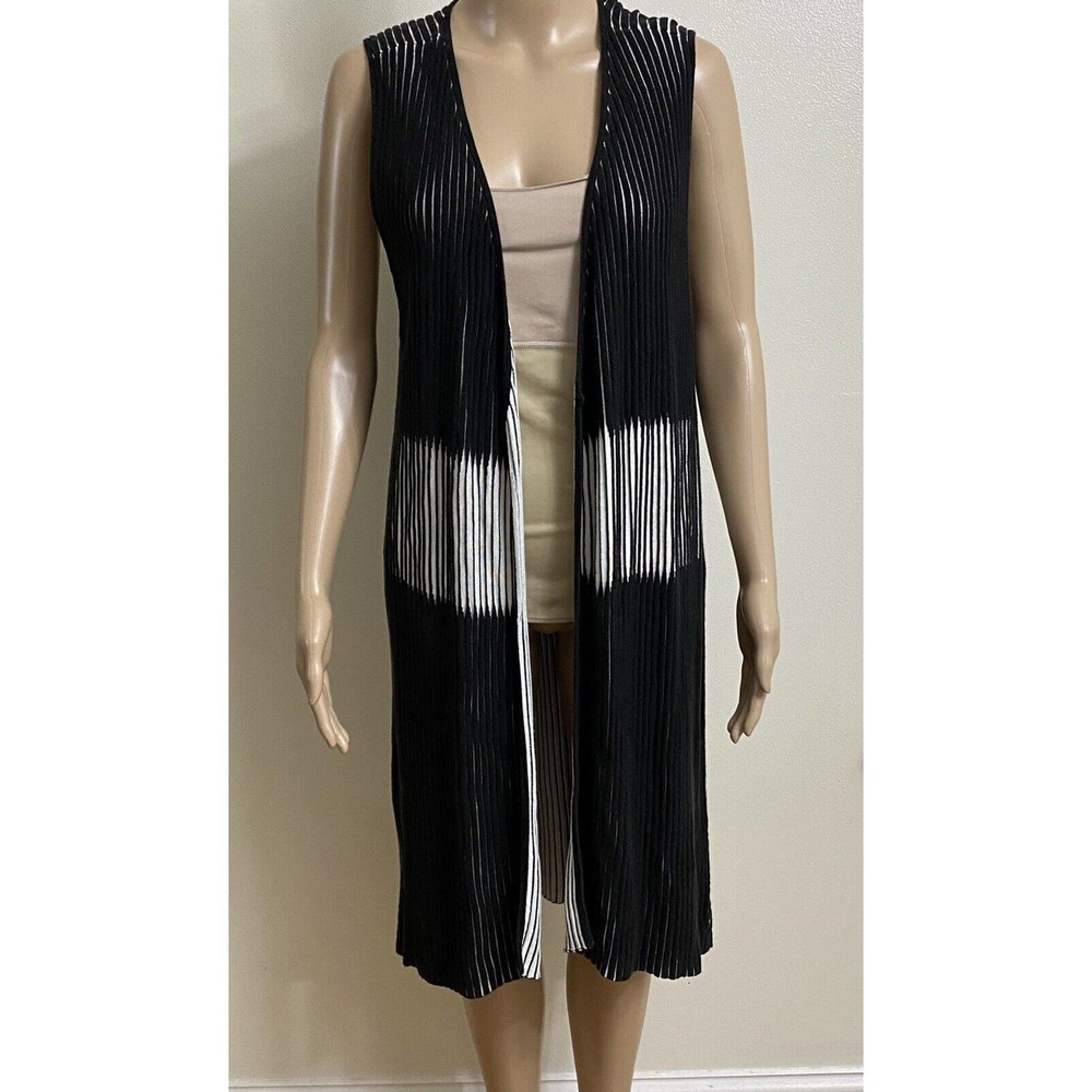 Chico's Black White Textured Long Open Front Heavy Knit Cardigan Sweater Size 2